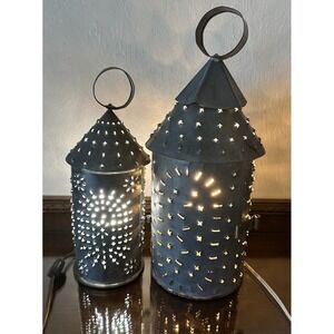 2 Primitive Paul Revere Style Punched Tin Electric Candle Lantern 12" & 15"